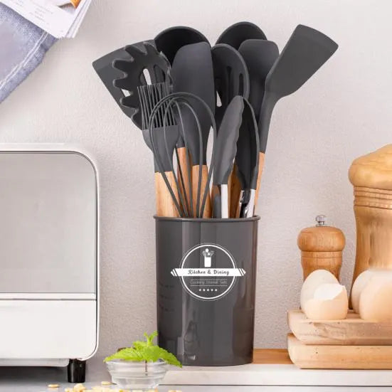 Silicone Kitchen Utensil Set with Wooden Handles - Black, small