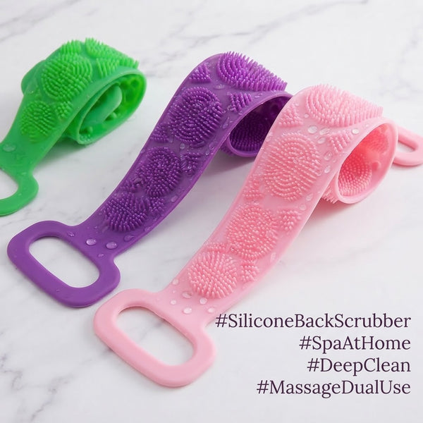 Silicone Back Scrubber Body Brush – Dual-Sided Exfoliating Shower & Massage Strap (random color) SIZE 31 INCH