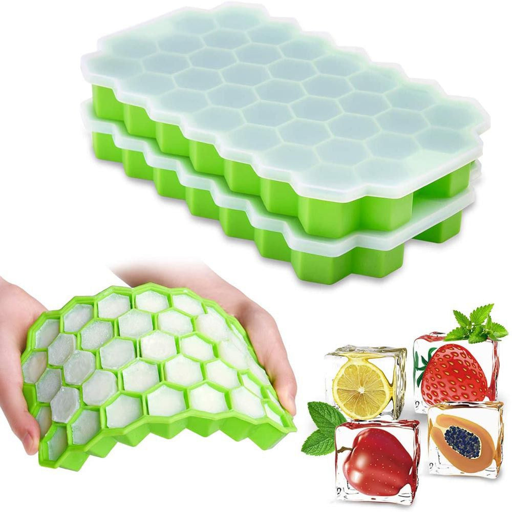Silicon Ice Cube Tray With Lid | 36-Cube Honeycomb Shape Ice Mold | Durable Freezer Tray With Cover | Random Color