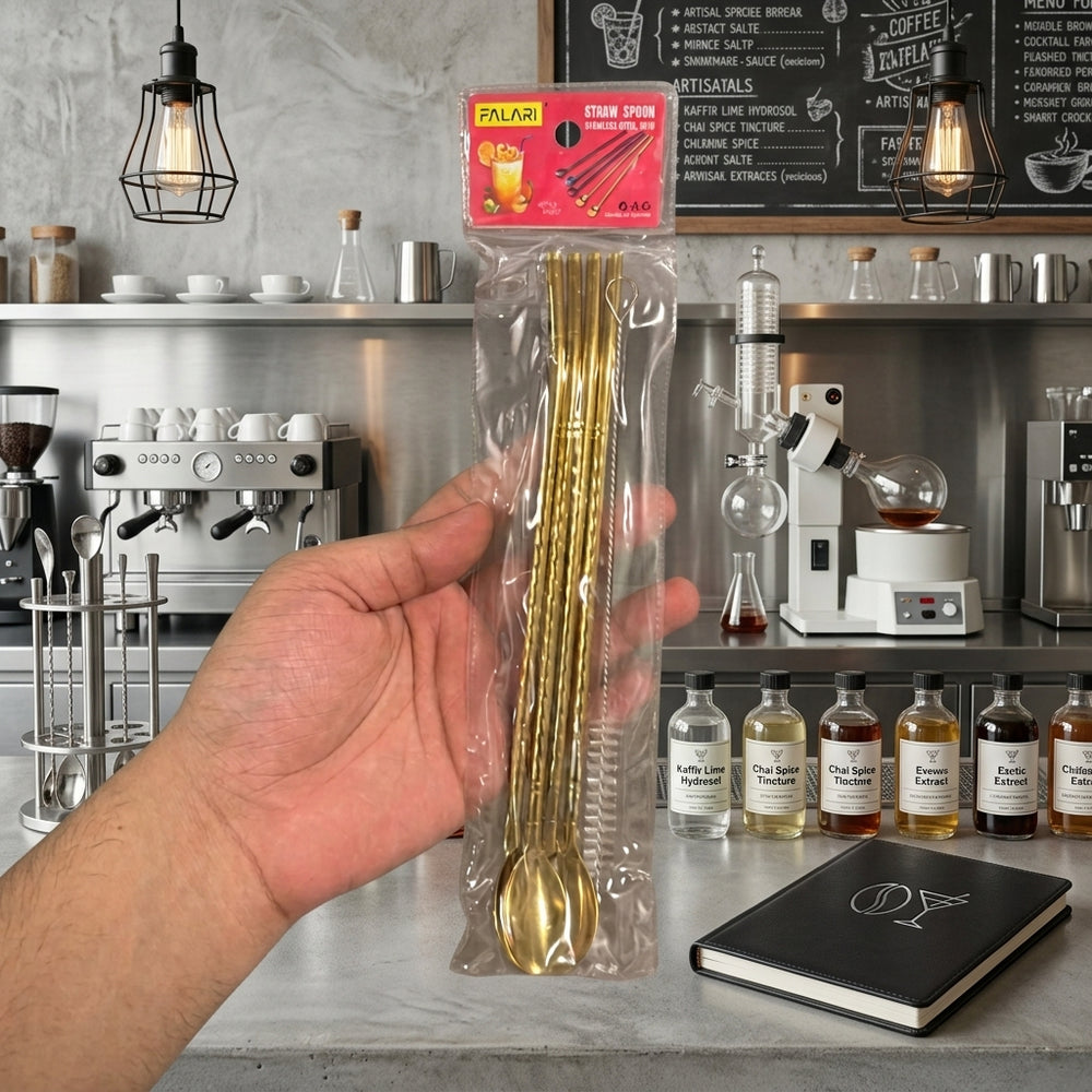 4 Pcs - Gold Straw Spoon Set With Cleaning Brush - Kitchen Accessory Designed For Dining And Daily Utility Routine