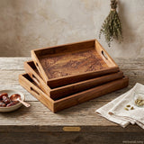 Handcrafted Wooden Tray Set of 3 with Brass Carving