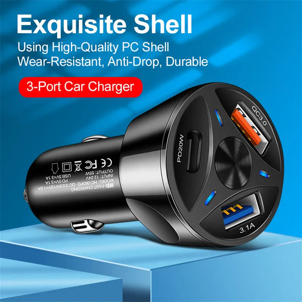 55W Dual USB Car Charger – Fast QC 3.0 + PD Type C (Box Pack)