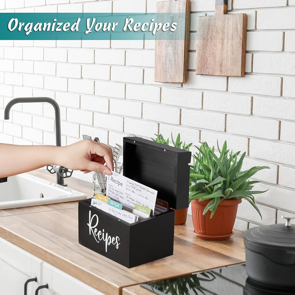 Wooden Recipe Box with 50 Cards (Black & Brown Random Color)