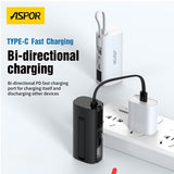 Aspor A351 Mini Power Bank 5000 Mah Portable Mobile Phone Charger Lithium Battery Power Bank | iPhone & Type-C Compatible | Flexible Cable | Digital Display | Built-in Mobile Stand