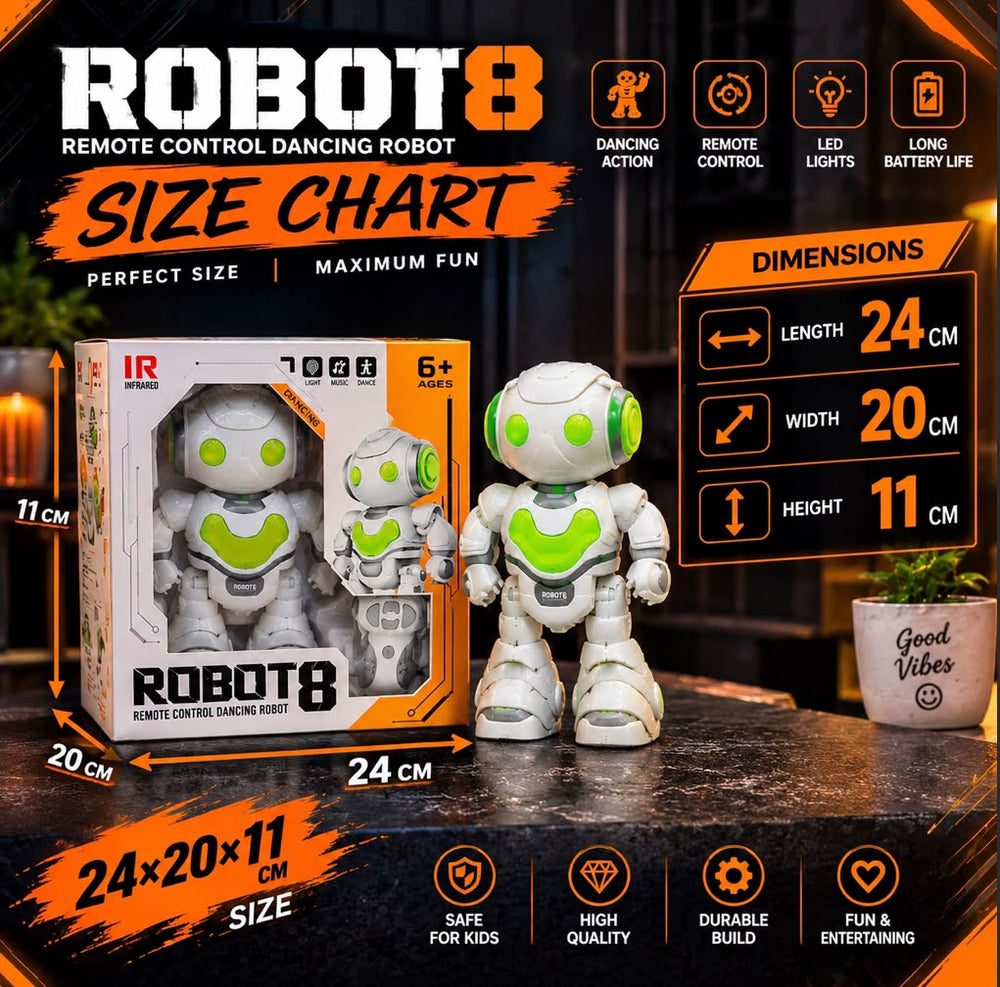 Robot 8 Remote Control Dancing Robot Toy With LED Lights, Music And Long Battery Life For Kids Ages 6+ (Random Color)