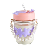 Trendy Pearl Handle Glass Water Bottle with Straw (Random Color)