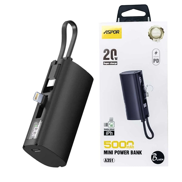 Aspor A351 Mini Power Bank 5000 Mah Portable Mobile Phone Charger Lithium Battery Power Bank | iPhone & Type-C Compatible | Flexible Cable | Digital Display | Built-in Mobile Stand