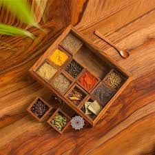 Keep your kitchen organized and your essential spices fresh with the Wooden Spice Box – Premium Sheesham Wood Masala Organizer(12 Slots with Glass Lid)