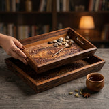 Handcrafted Wooden Tray Set of 3 with Brass Carving