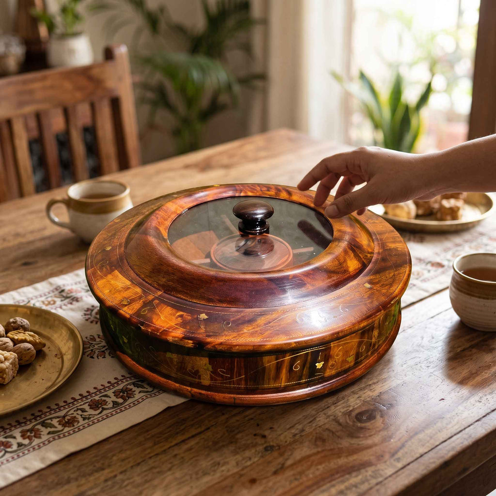Beautiful Wooden Dry Fruit Pot With A Glass Top Lid