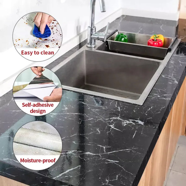 Self Adhesive Marble Sheet Sticker For Kitchen,(60×200) Cupboard, Wall – Anti Oil And Heat Resistant Wallpaper - Black