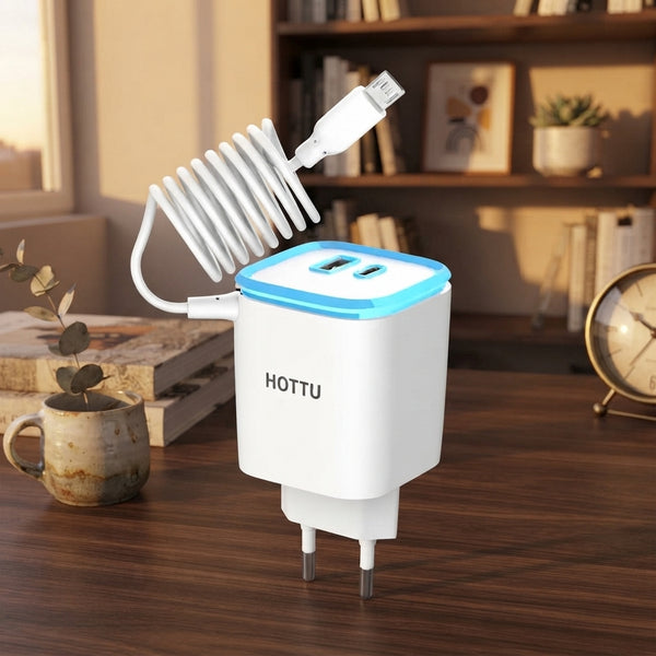 HOTTU FC13 Trio Wall Charger (Micro) – 3-in-1 Fast Charging with Built-in Micro Cable