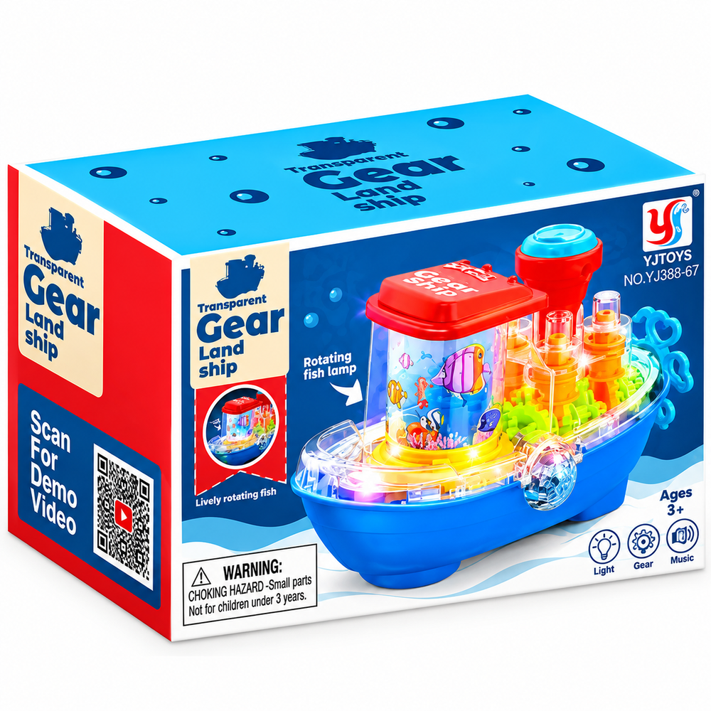 Transparent Gear Land Ship Toy – Interactive Light-Up Toy with Rotating Fish Lamp