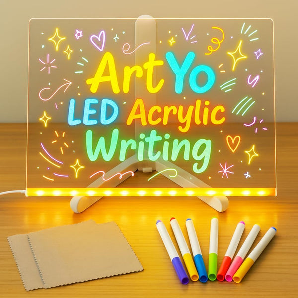 LED Acrylic Writing Pad Dry Erase Board – 12x8 Inch with Tripod Stand & 7 Markers