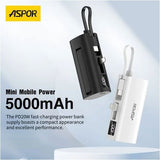 Aspor A351 Mini Power Bank 5000 Mah Portable Mobile Phone Charger Lithium Battery Power Bank | iPhone & Type-C Compatible | Flexible Cable | Digital Display | Built-in Mobile Stand
