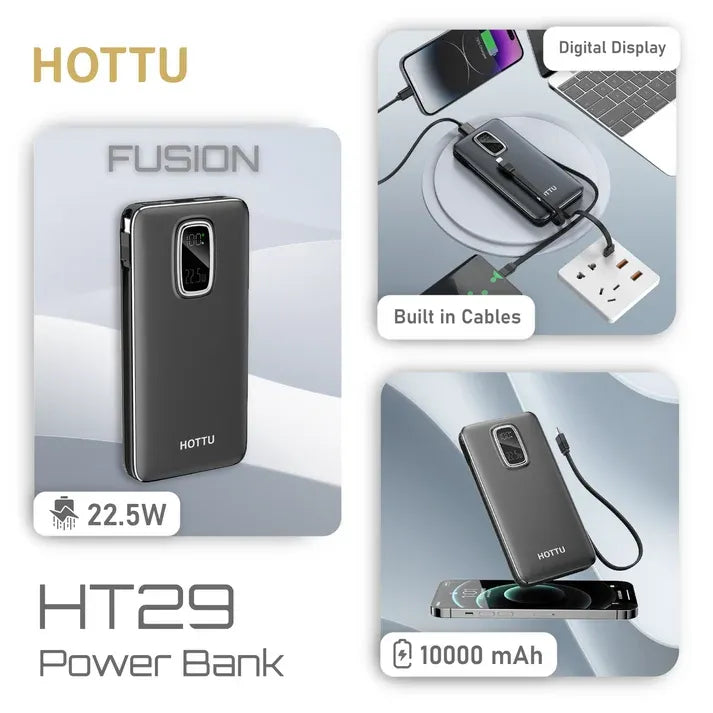 HOTTU HT29 Power Bank – 10000mAh, 22.5W Fast Charging & Built-in Cables (Fusion Series)