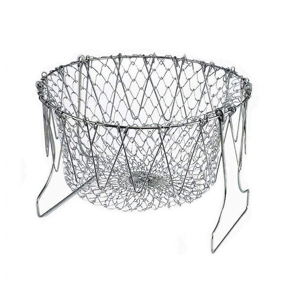 Stainless Steel Multi-Functional Foldable Chef Basket – Deluxe Kitchen Colander, Mesh Steam, Rinse, Strain & Fry Basket