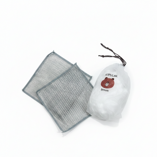 Combo Deal – 2 Pcs Metal Wire Cleaning Cloths with 1 Bear Design Food Cover Packet – Kitchen Cleaning & Food Protection Set