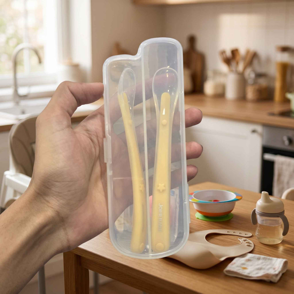 Baby Silicone Feeding Spoon & Fork Set with Hygienic Storage Box | Ultra-Soft Non-Toxic Self Feeding Toddler Utensils | Random Color