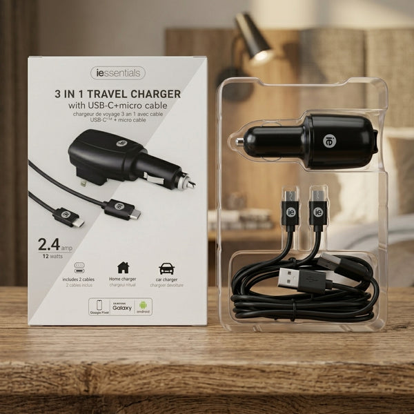 iEssentials 3-in-1 Travel Charger (Wall + Car) with USB-C & Micro-USB Cable