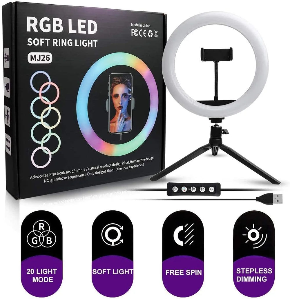 MJ26 RGB LED Ring Light 26cm with Tripod, Phone Holder & 360° Color Modes
