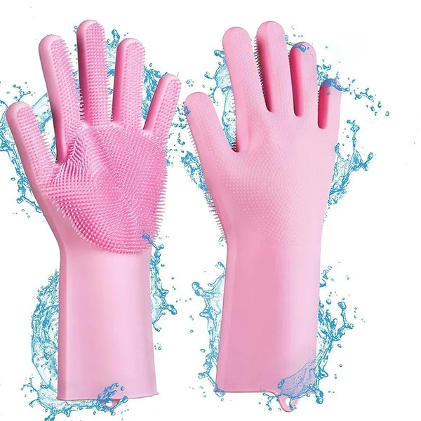 Magic Silicone Dish Washing Gloves | Reusable Heat-Resistant Rubber Cleaning Gloves with Built-In Scrubber for Kitchen, Dishes, Car, Bathroom & Household Use (1 Pair)