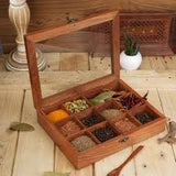 Keep your kitchen organized and your essential spices fresh with the Wooden Spice Box – Premium Sheesham Wood Masala Organizer(12 Slots with Glass Lid)