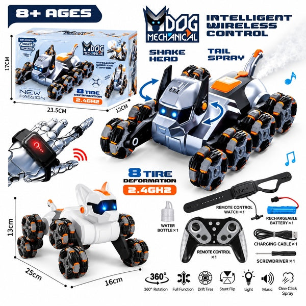 DOG Mechanical RC Stunt Car – 8 Tire Deformation, 360° Rotation, 2.4GHz Wireless Remote Control, Drift & Stunt Flip, LED Lights, Tail Spray Function