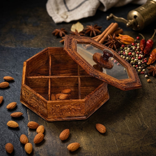 Handcrafted Wooden Dry Fruit Pot – Traditional Carved Storage Jar with Lid