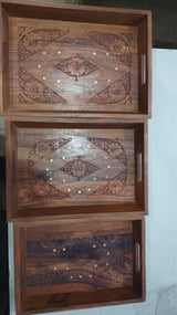 Handcrafted Wooden Tray Set of 3 with Brass Carving