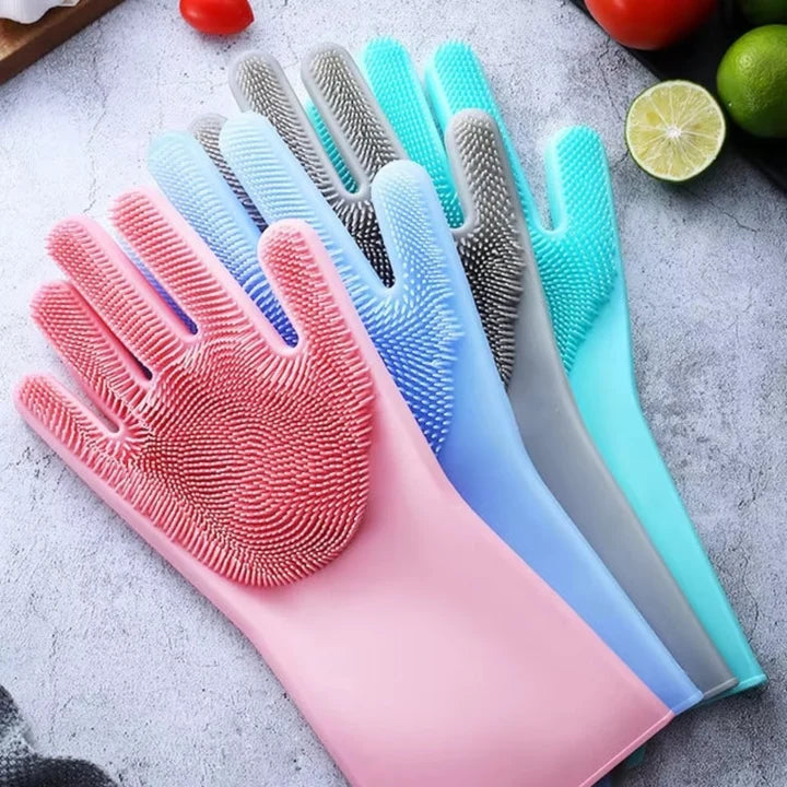 Silicone Dish Washing Gloves Reusable Household Cleaning Scrubber Gloves - 1 Pair (Random Color)