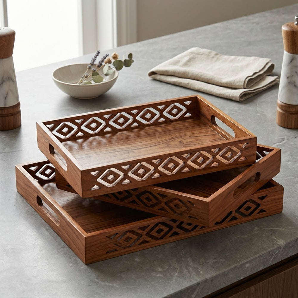 Wooden Cut Work Tray Set of 3
