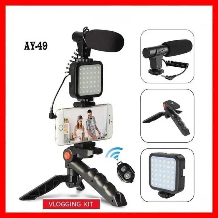 AY-49 Multi-Functional Portable Vlogger Kit with Mic, LED Light & Tripod Stand with Remote