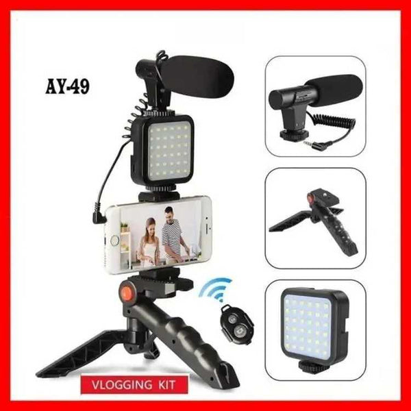 AY-49 Multi-Functional Portable Vlogger Kit with Mic, LED Light & Tripod Stand with Remote