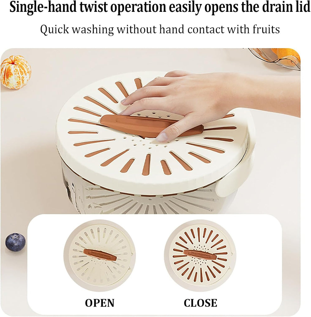 Kitchen Fruit Drainage Basket with Lid – Multi functional Dual-Layer Bowl for Washing, Draining & Storing Fruits and Vegetables, Foldable Handle Design, White