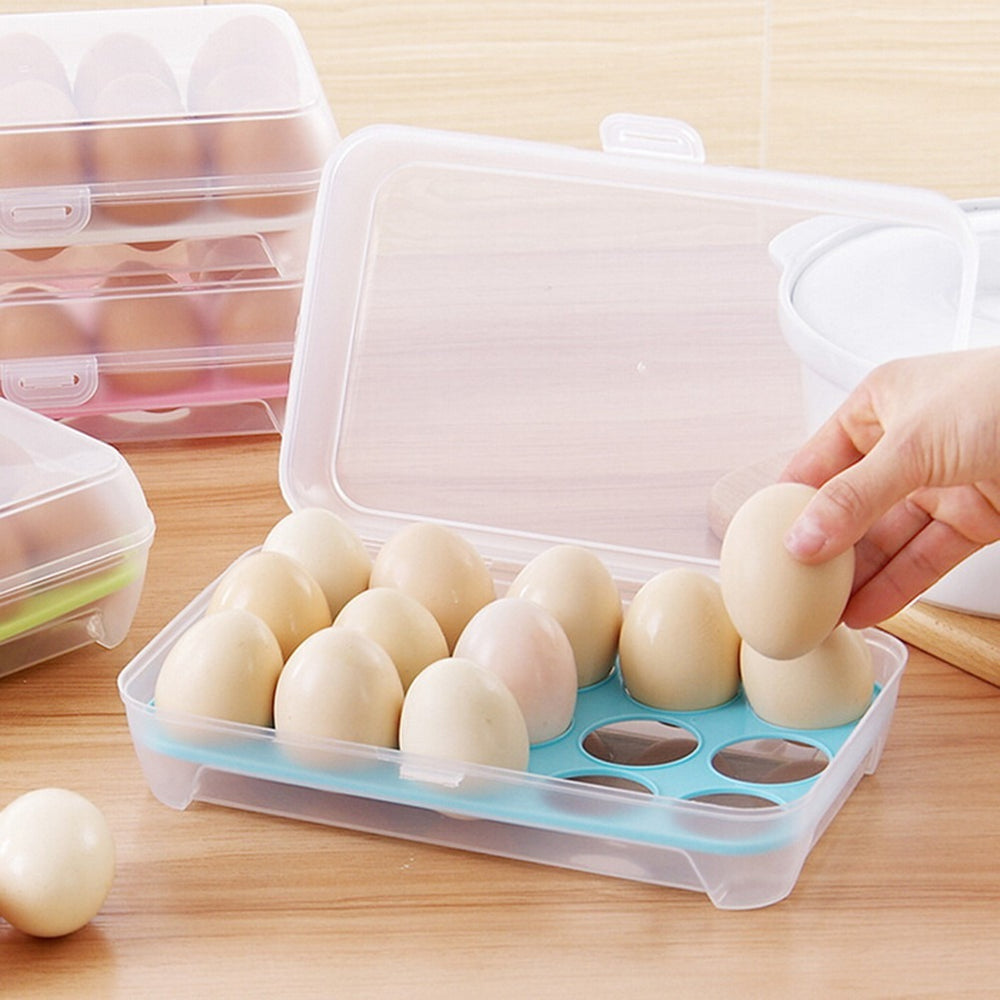 15-Grid Egg Storage Container – BPA-Free Plastic Refrigerator Organizer with Lockable Lid