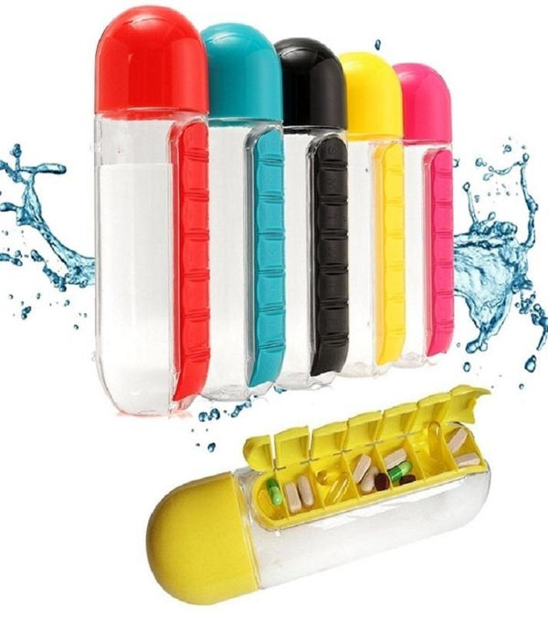 2-in-1 Medicine Organizer with Water Bottle – 7 Days Pill Box, 600ml BPA-Free Drinking Bottle, Removable Cup, Compact Travel Pill Planner for Kids, Adults & Elderly
